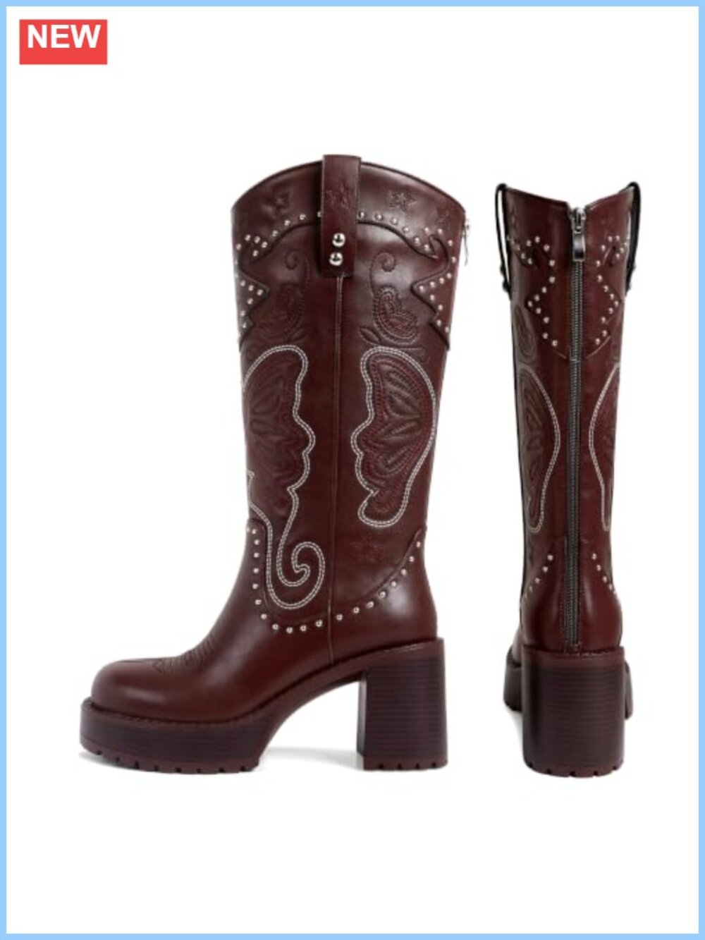 Leather Knee High Western Boots Platform Chunky Heel - Picture 3 of 6
